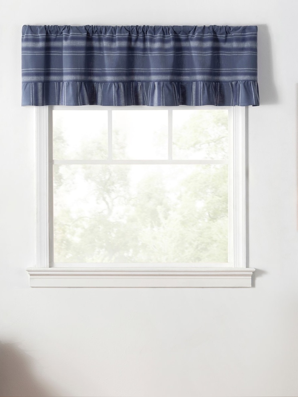 Martha Stewart Ruffle Stripe Ruffled Valance 60x14 Blue/White Cotton Rod Pocket
